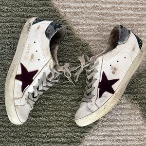 Golden Goose White Leather Sneakers with Burgundy Star and Black Heel